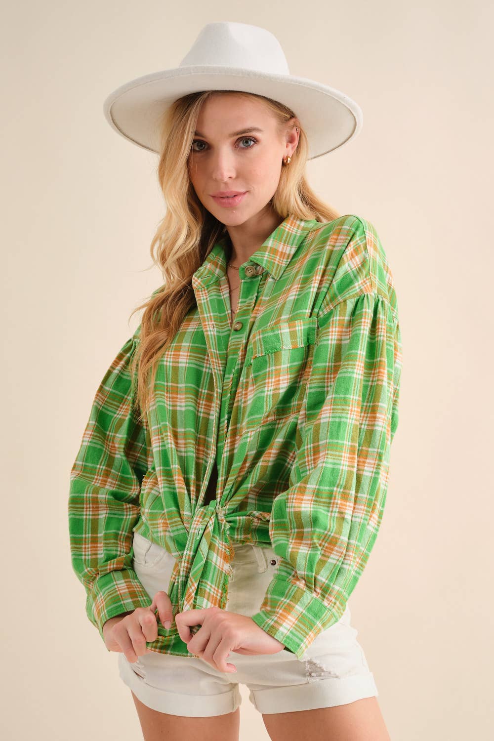 32481T - Cowboy Boots Graphic Back Plaid Oversized Shirt: GREEN / SMALL