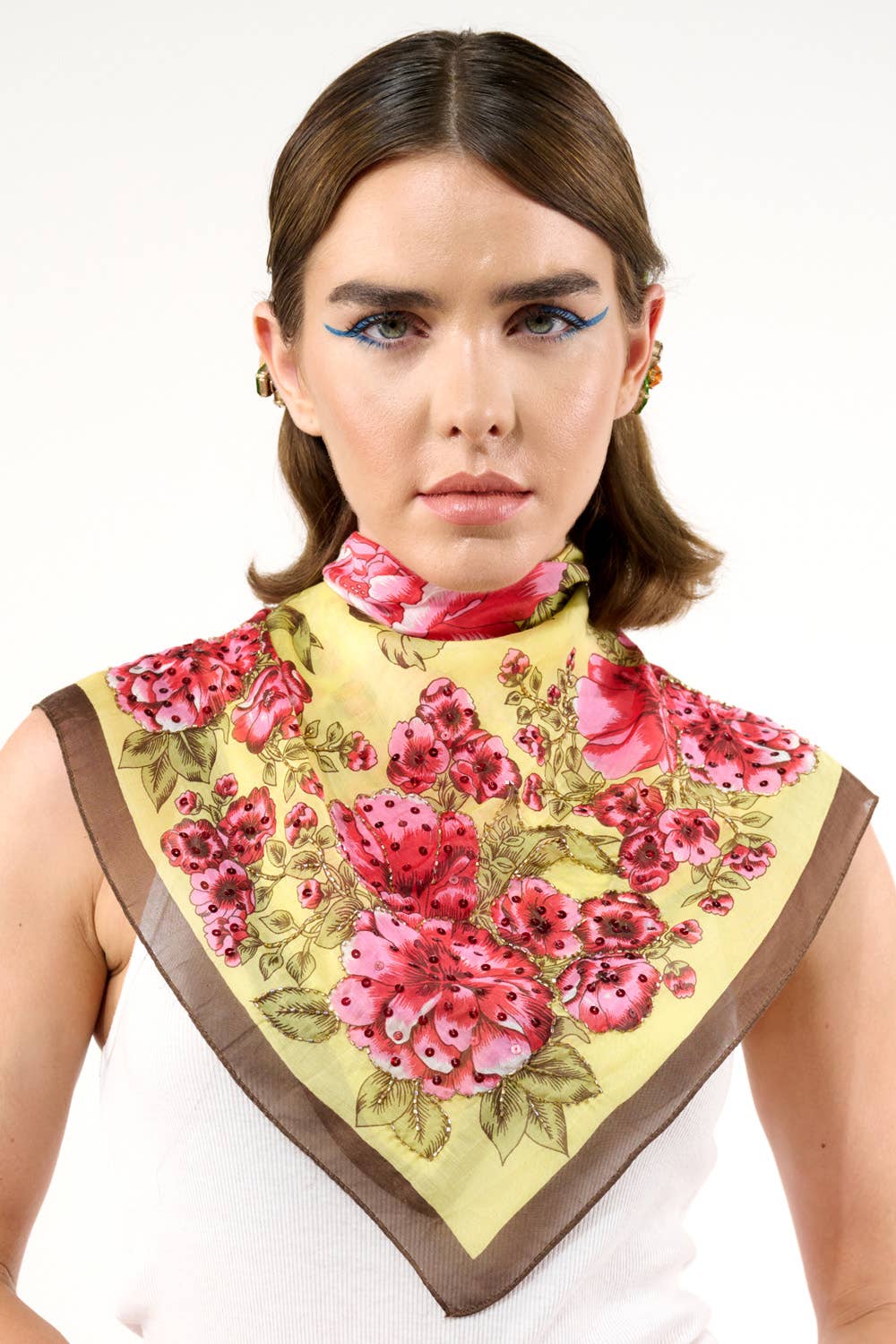 Beauty Hand Embellished Bandana Scarf: Yellow/red floral / One Size