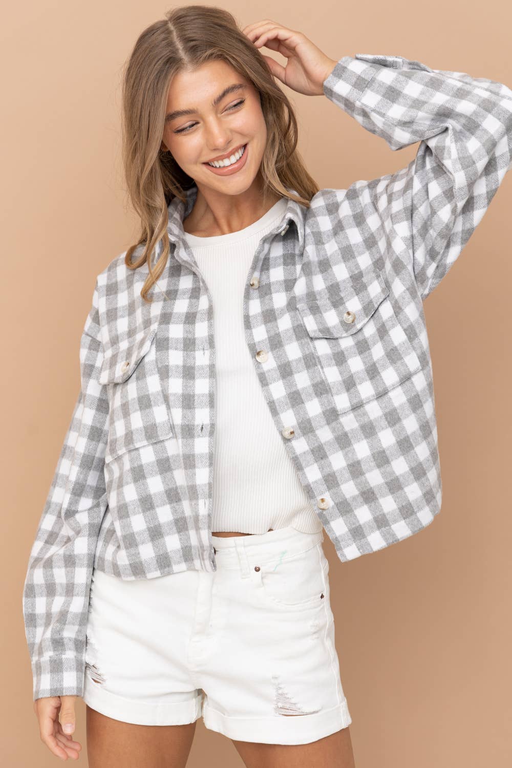 31857J - Yarn Dyed Brushed Crop Pocket Front Shirt Jacket: ROSE / L