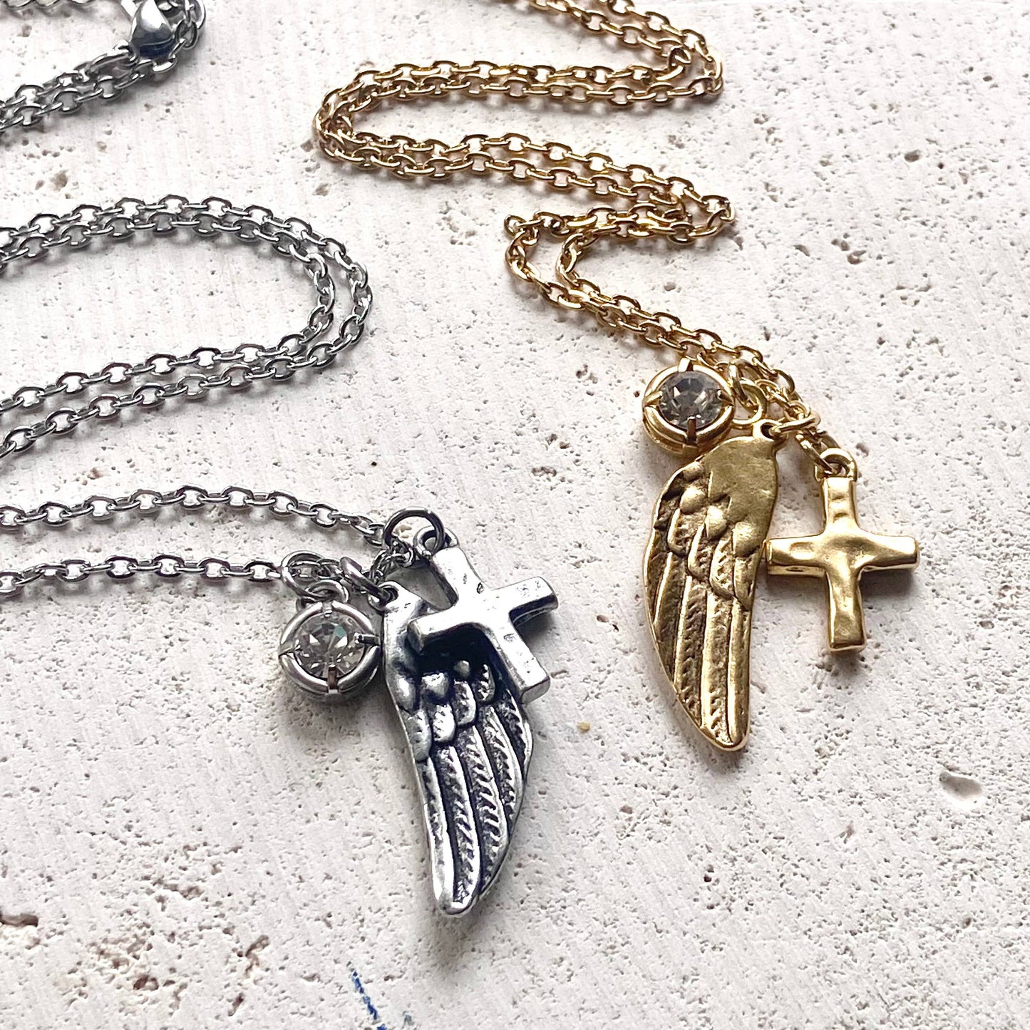 Angel wing cross crystal cluster necklace handmade jewelry : Gold