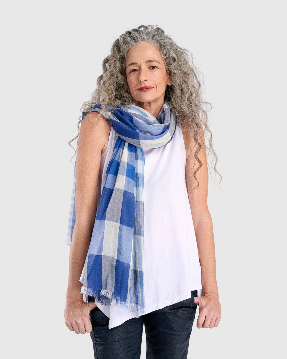 Spirulina Plaid Scarf, Blue: NAVY / ONE SIZE