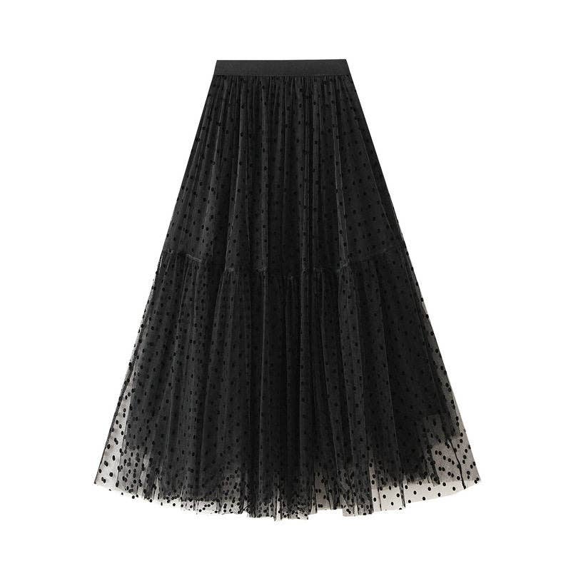 Flocked Polka Dot Mesh Skirt: Apricot / Average Size