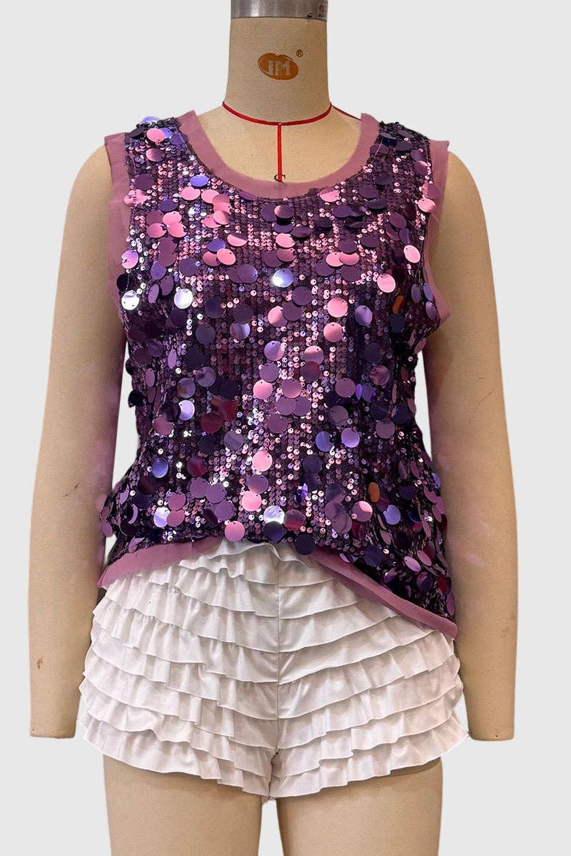 Sleeveless Sequin Tank Top: SILVER / L