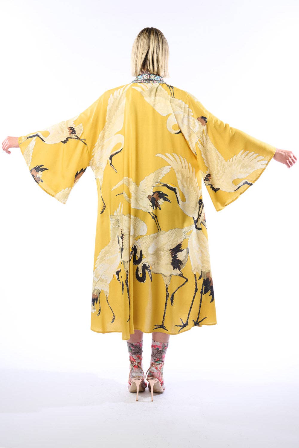 Story of the Crane Kimono - Mustard | Bohemian Coverup Robe: Mustard / One size