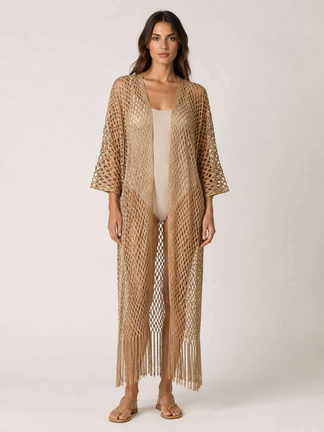 Metallic Fringe Kimono: Gold