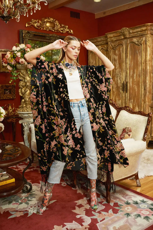 Holiday Garden Burnout Velvet Kimono / Topper : Black Burnout / One Size