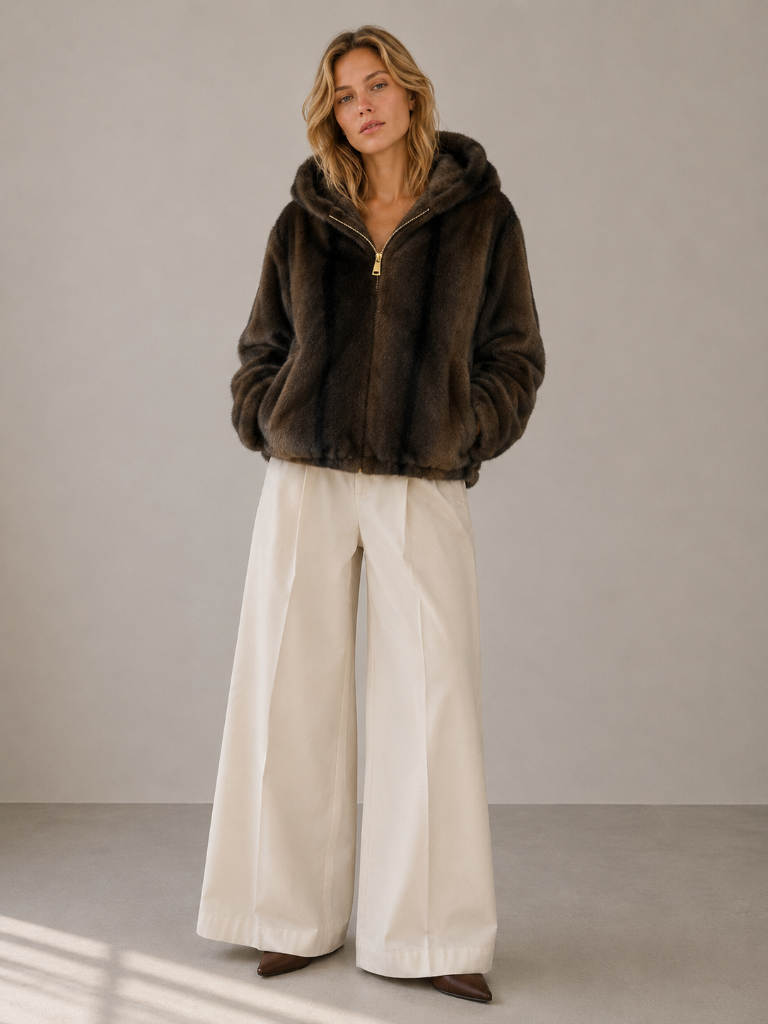 Oyster Bay Jacket — Hooded Faux Fur Zip Jacket: Espresso Leopard / S/M