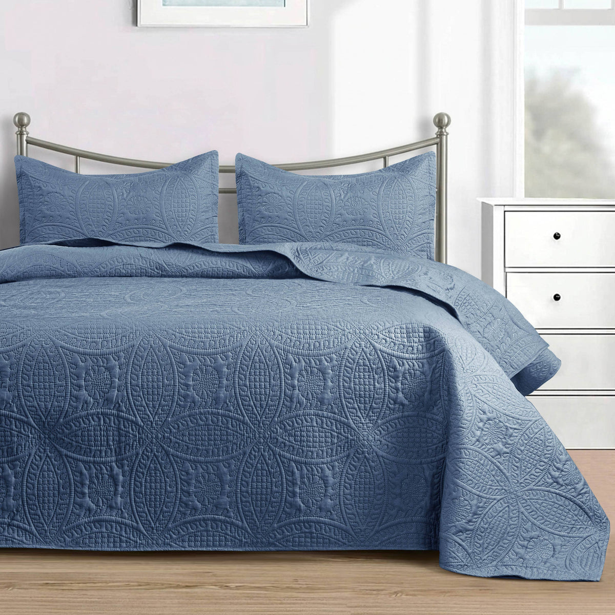 Quilted Bedspread 3 Pc Coverlet Bedding Quilt Set All Season: Full/Queen / Grey