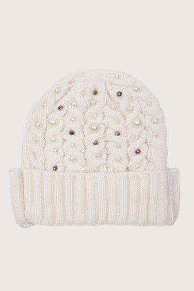 Pearl Cable Knit Beanie: Ivory