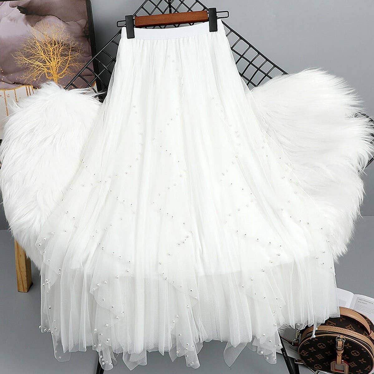 BEADED MESH PLEATED SKIRT A LINE TULLE SKIRT_CWBLS0398: GREY / (OS) 1
