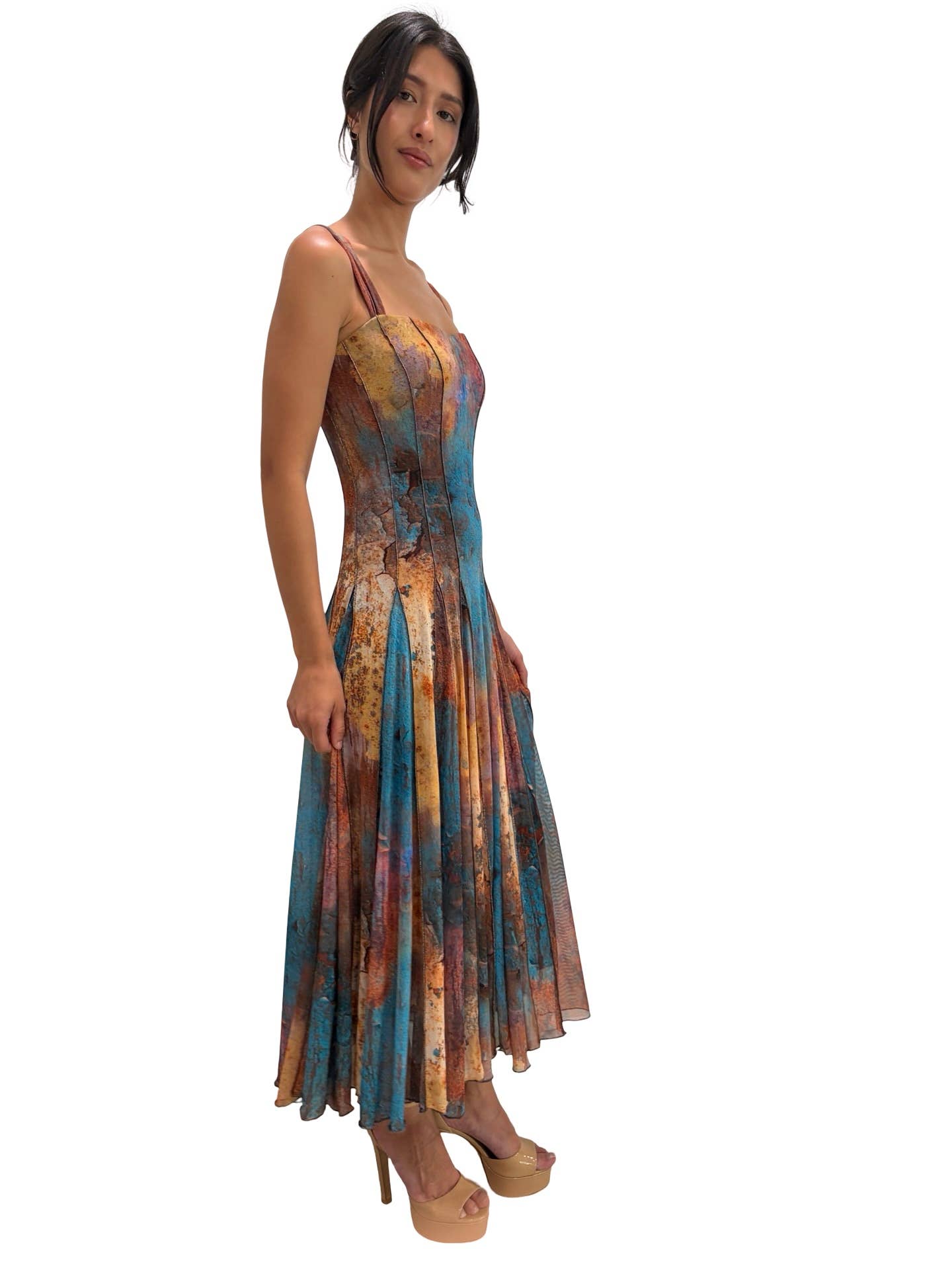 MONET Sleeveless Tea Length Fit N Flare Paneled Dress : XS