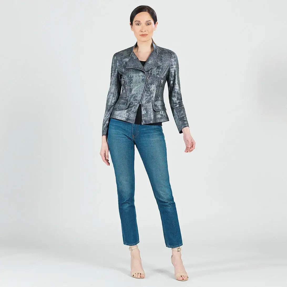 JK75SH - Metallic Liquid Leather ™ Textured Biker Jacket: Gun metal / XL