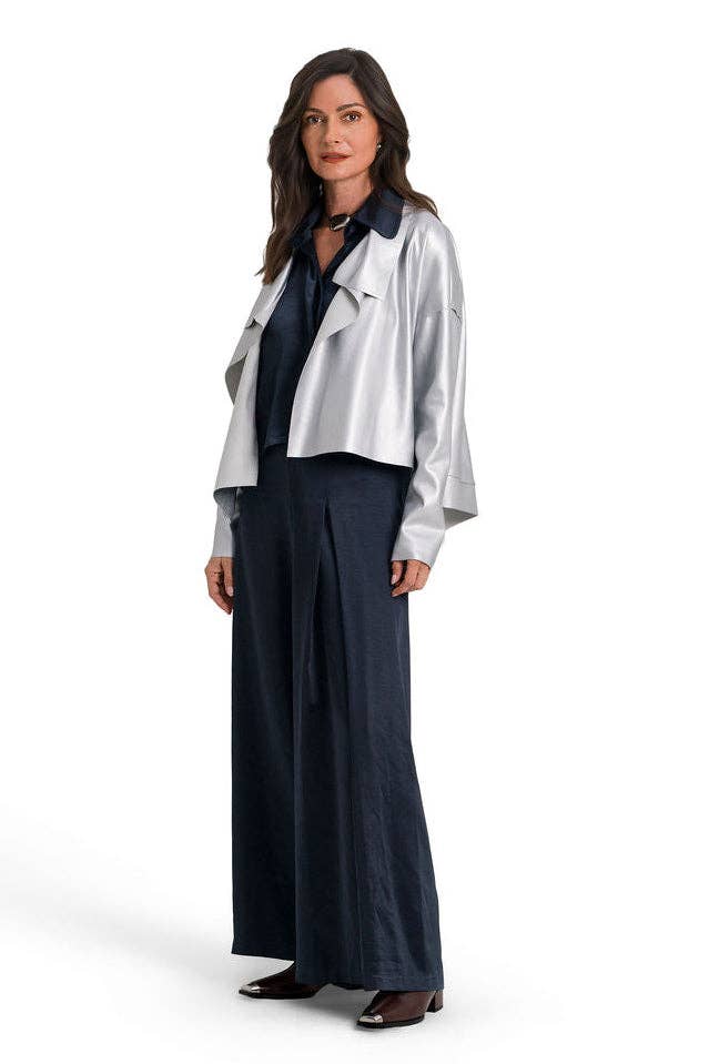 Vegan Leather Cropped Asymmetrical Jacket - Silver