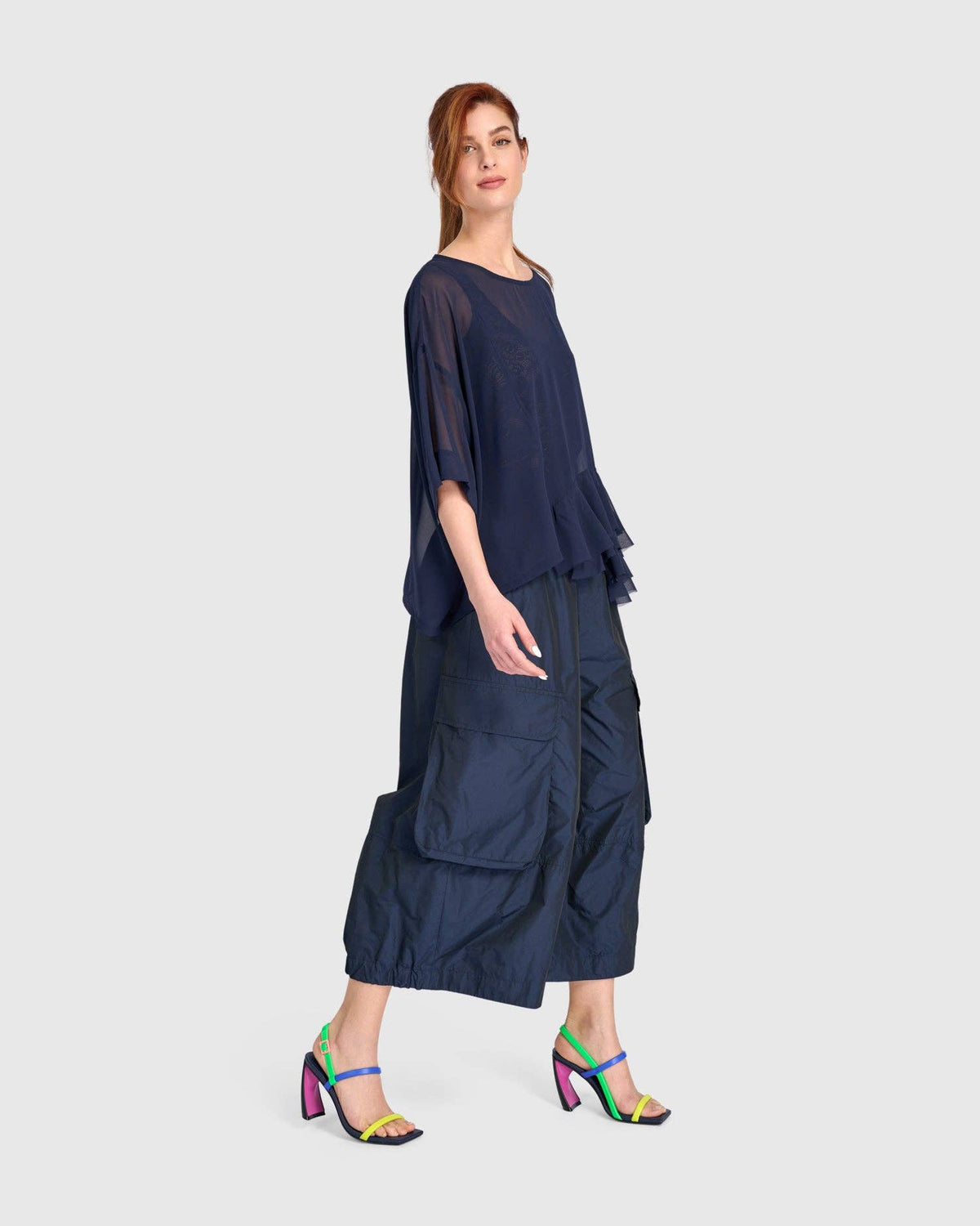 Veiled Chiffon Top, Ink: NAVY / M (US 12-14)