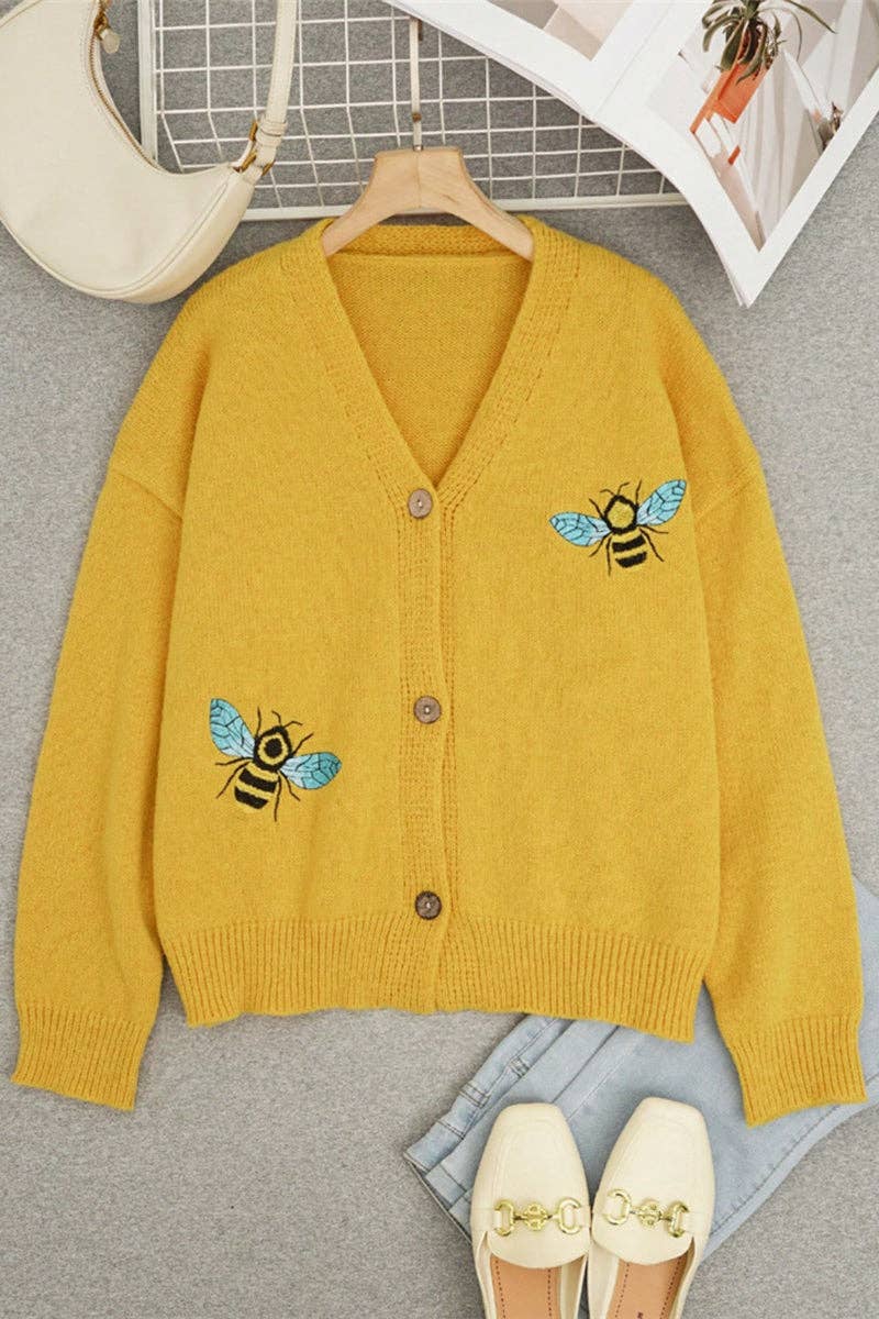 Bee Embellished Button-Up Cardigan: BLACK / XL
