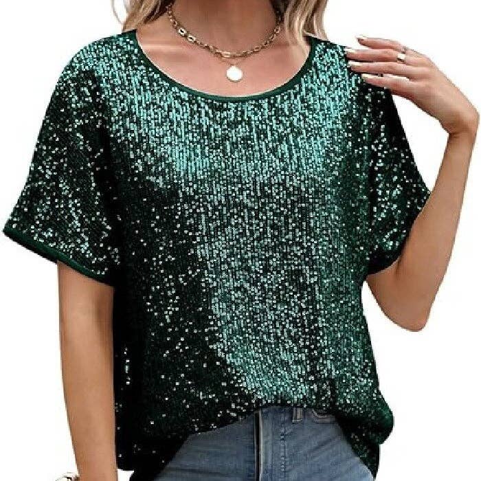 Sequin Deep V-Neck Short Sleeve Top: Silver / M