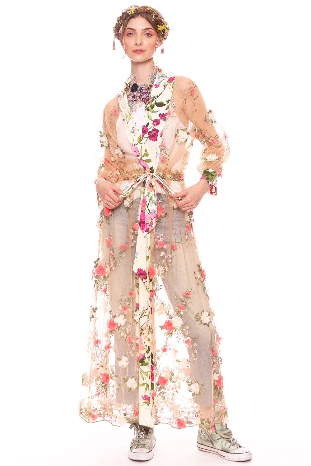 Floral Fantasy Kimono | Pink Floral Kimono | Mesh Kimono: Pink Floral Embroidery / L