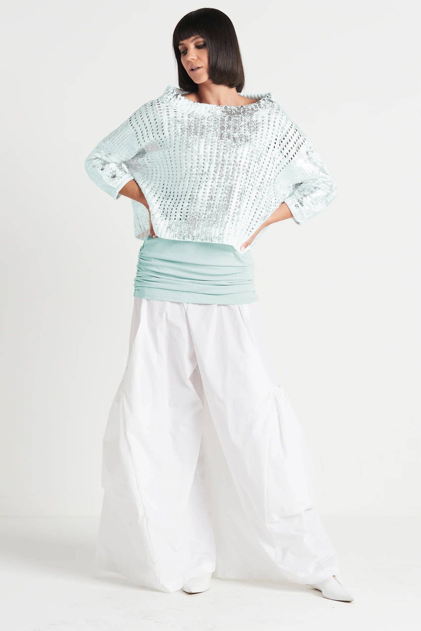 Cotton Metallic Crochet Boatneck Sweater - Mint/Silver