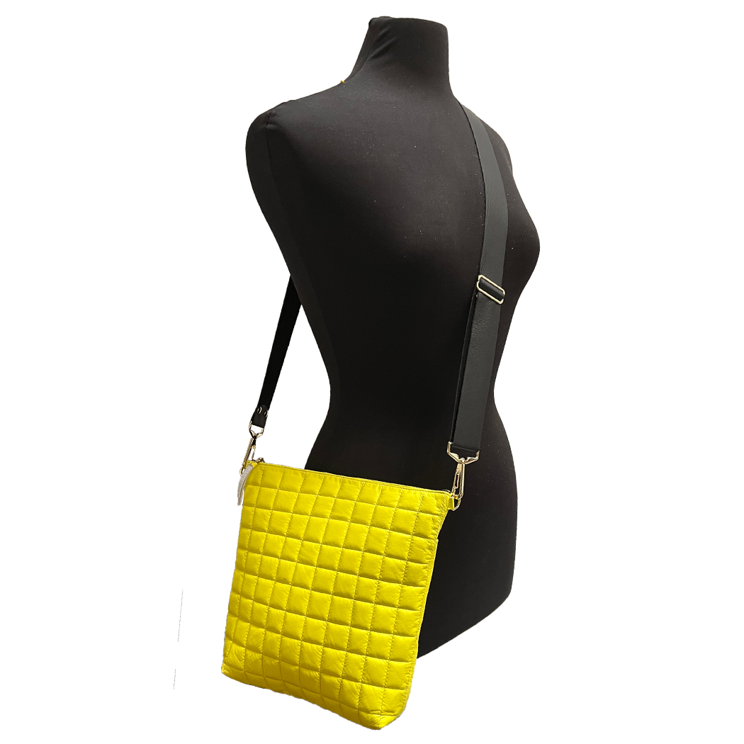 The Quilted Crosby Crossbody: 9"x9.5" / Black Leather Strap / Neon Orange