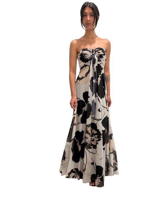 KATE Long Strapless Flared Empire Waist  Printed Mesh Dress - Elana Kattan