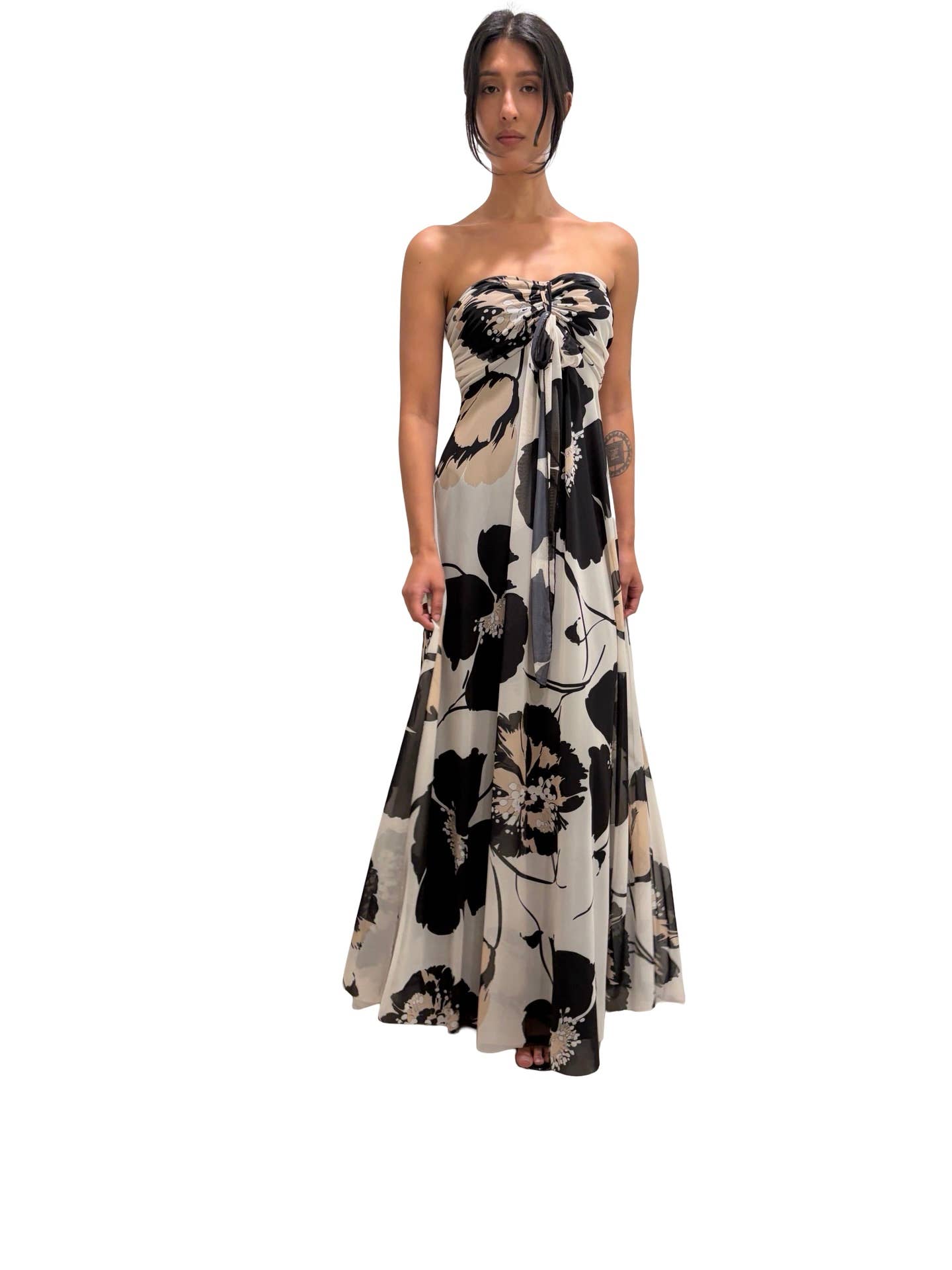 KATE Long Strapless Flared Empire Waist  Printed Mesh Dress : S