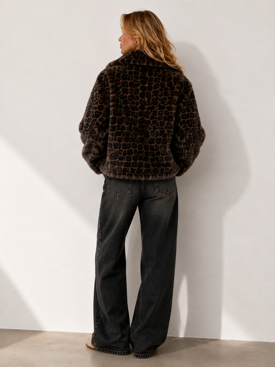 Astoria Faux Fur Snap-Front Cropped Jacket Leopard Fur: Leopard Espresso / L/XL