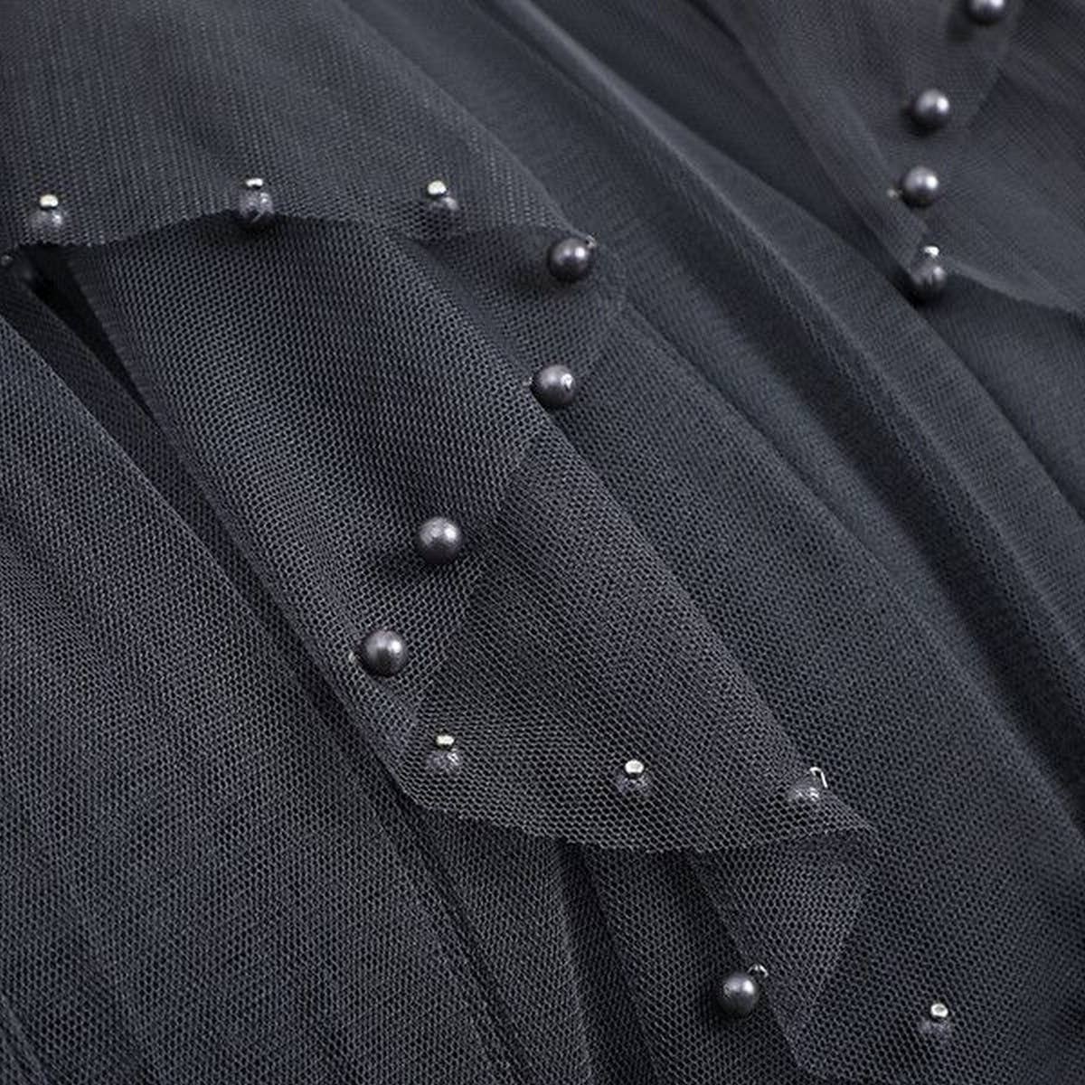 BEADED MESH PLEATED SKIRT A LINE TULLE SKIRT_CWBLS0398: GREY / (OS) 1