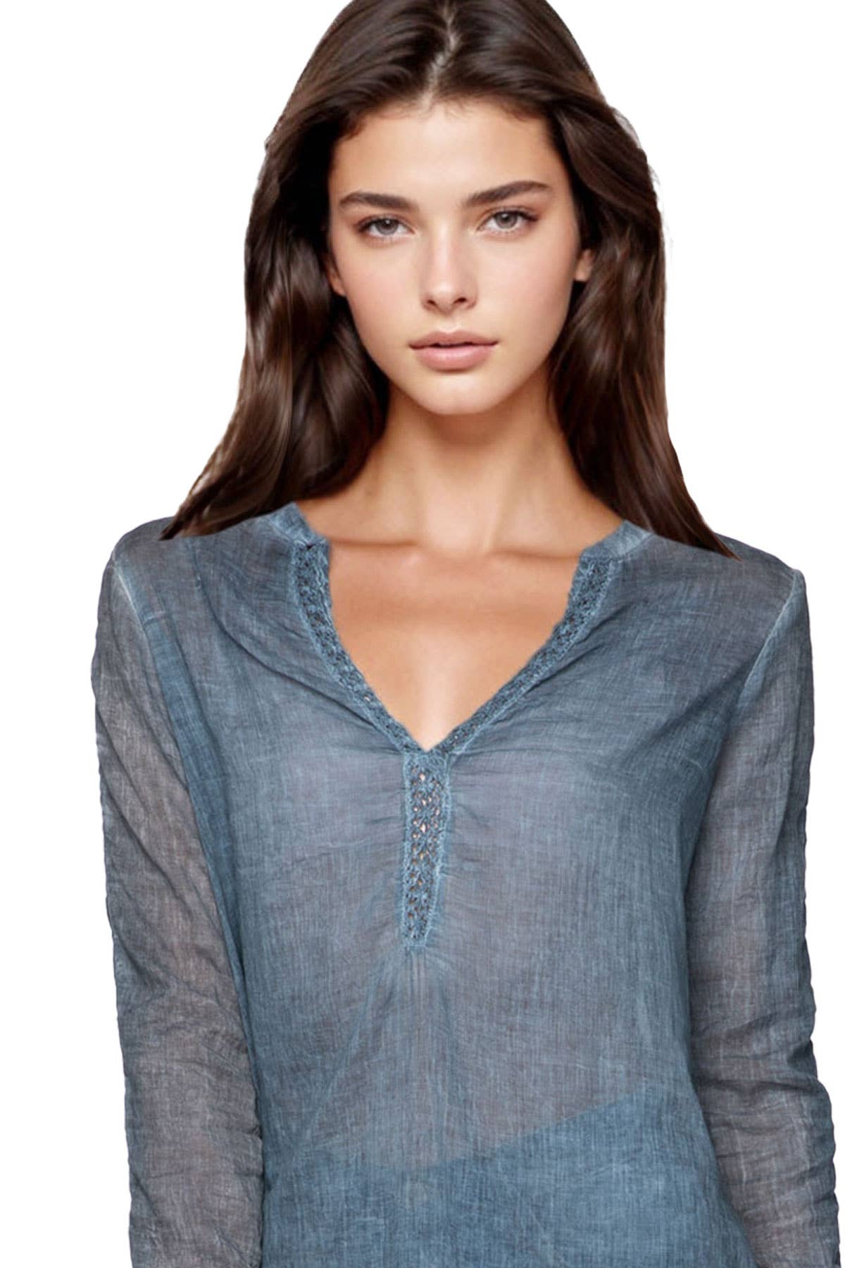 Open Collar Lace Cotton Shirt - Pigment Dye: Dark Denim / 100% Cotton / S/M