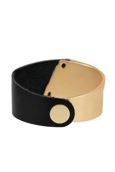 Leather Metal Statement Bracelet: Black gold