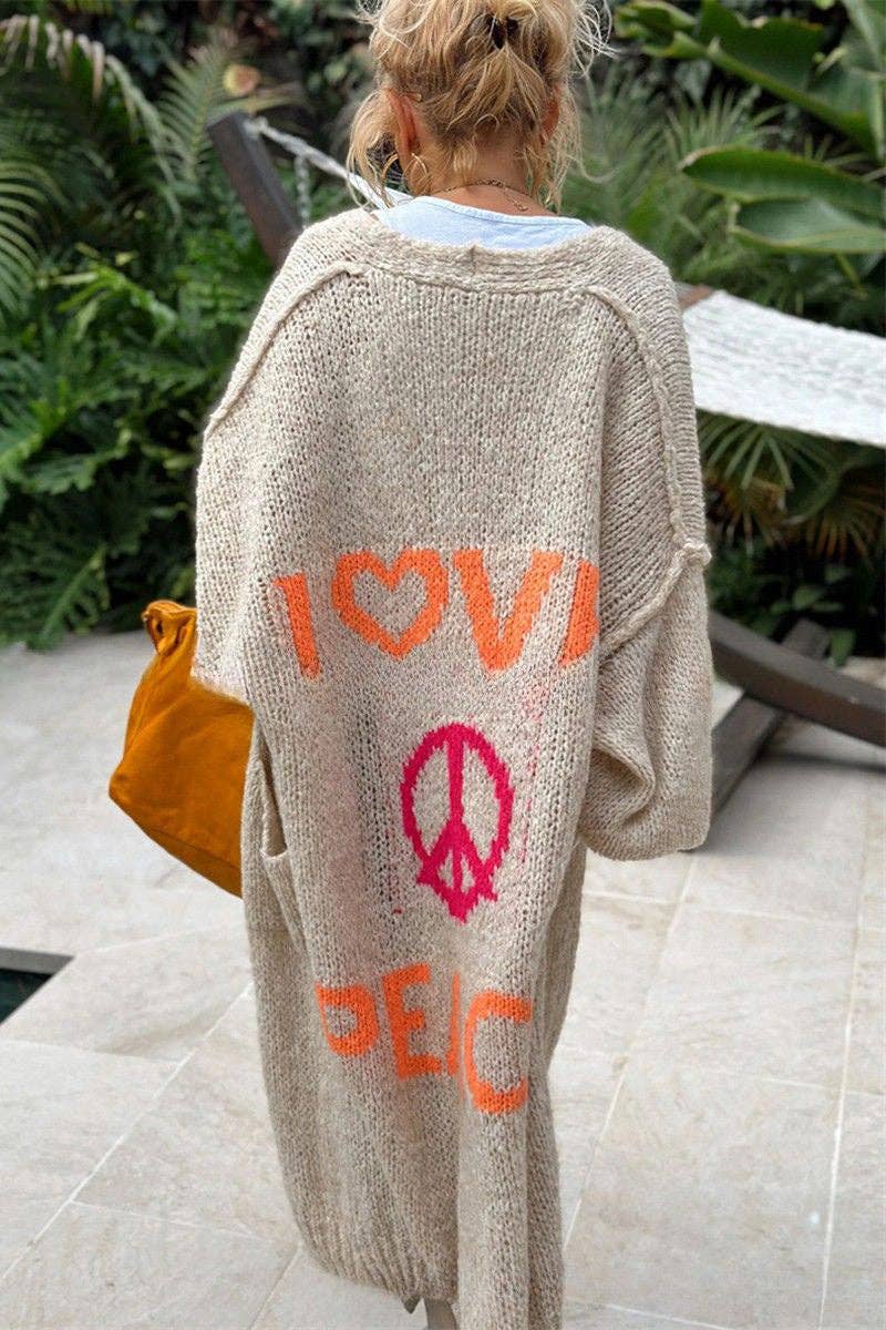 Love & Peace Graphic Cardigan: BEIGE / SM