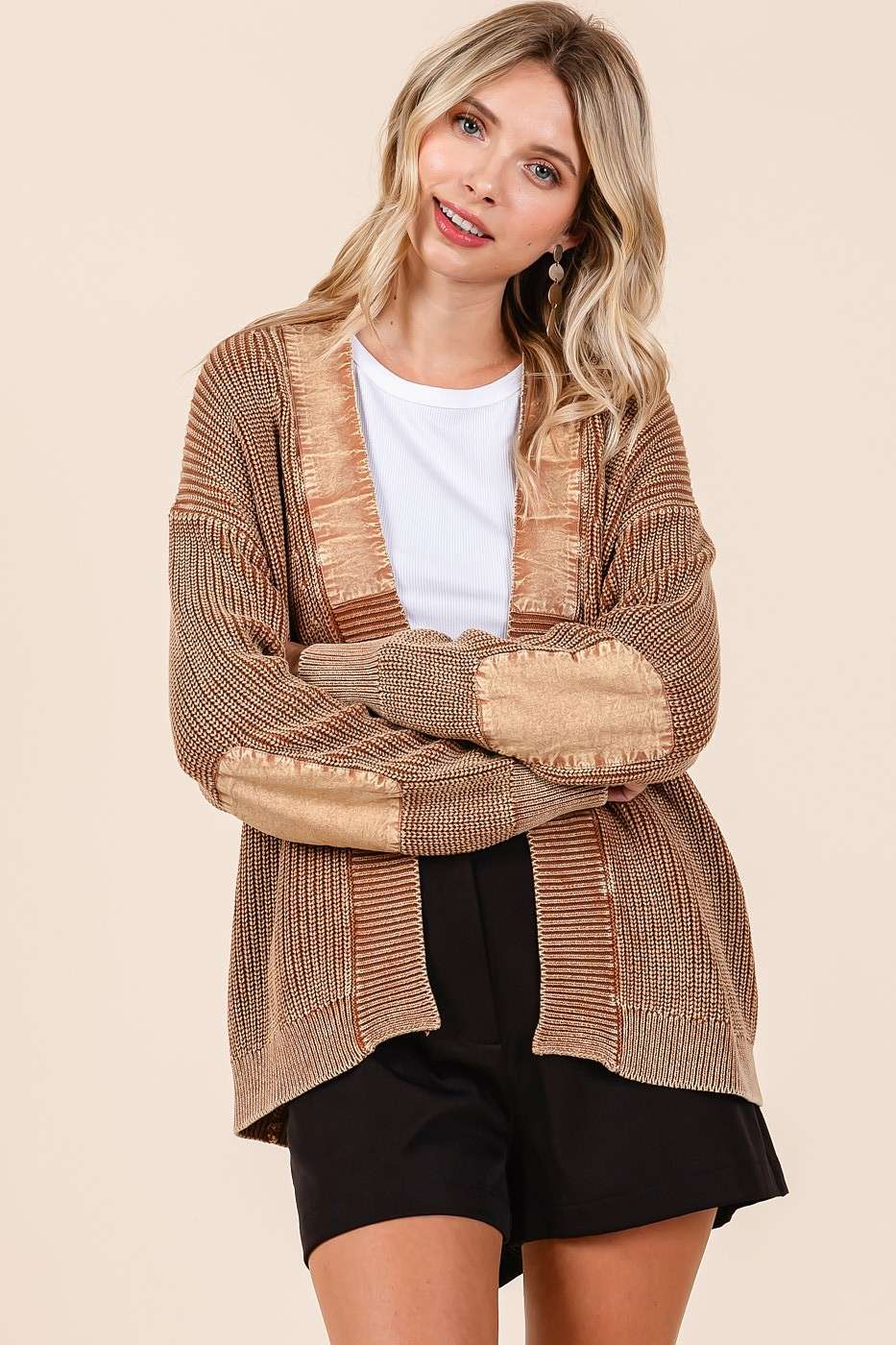 Mineral Wash Contrast Patch Open Front Cardigan S20805