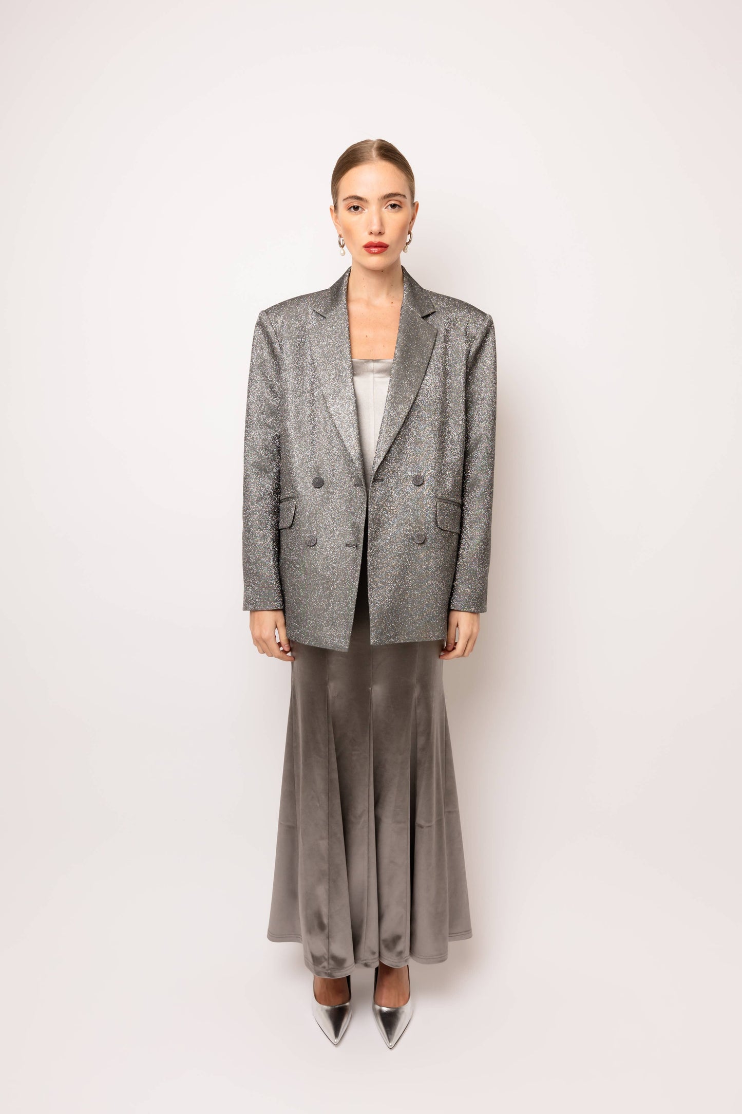 Ezra Glitter Oversized Blazer: Silver / M