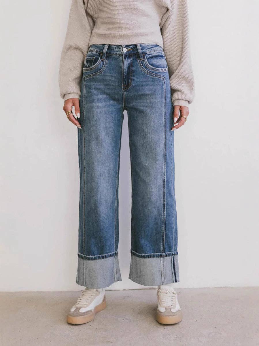 Casual Loose-Fit Mid-Rise Straight Leg Women's Fashion Jeans: Dark Blue / L