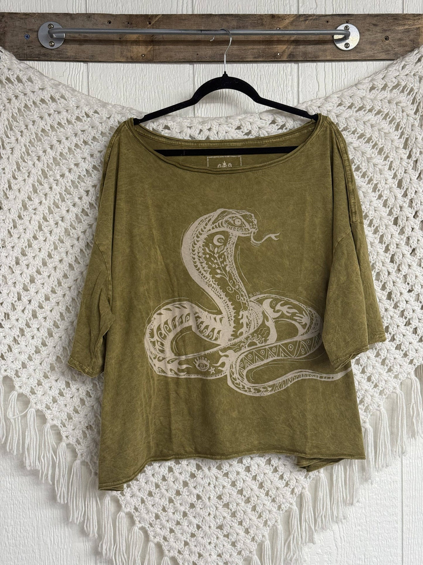 Kantha Bae Boxy Dream Tee - Olive - Snake Boho Graphic