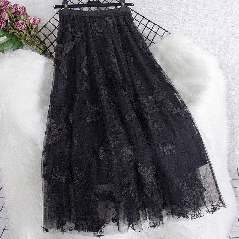 Solid Color Embroidered Mesh A-Line Skirt: BLACK-GRAY / One_size