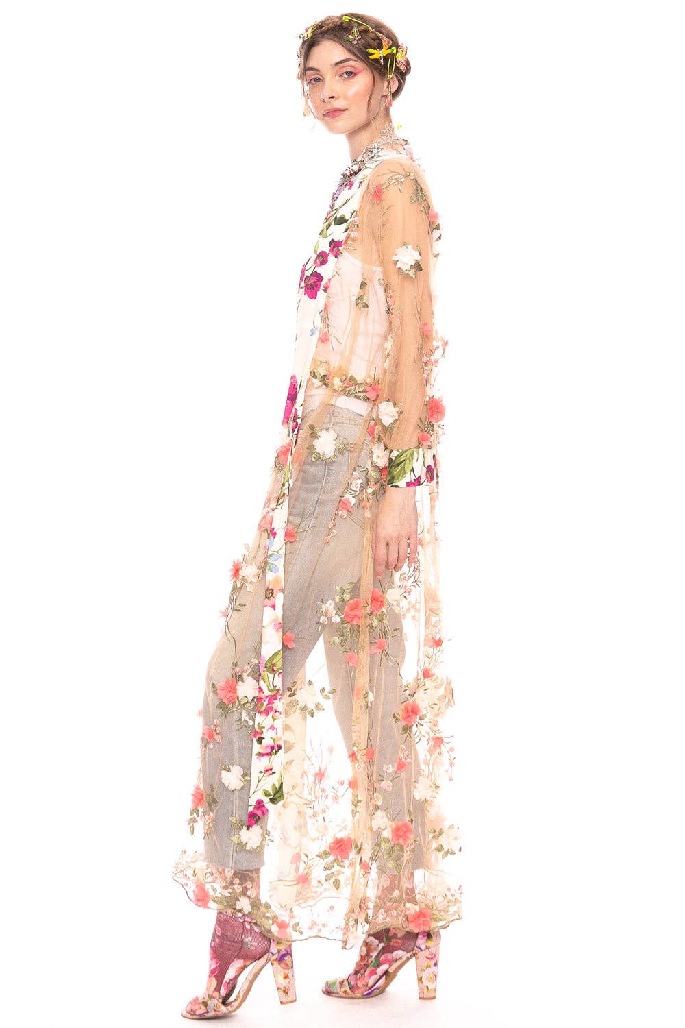 Floral Fantasy Kimono | Pink Floral Kimono | Mesh Kimono: Pink Floral Embroidery / L