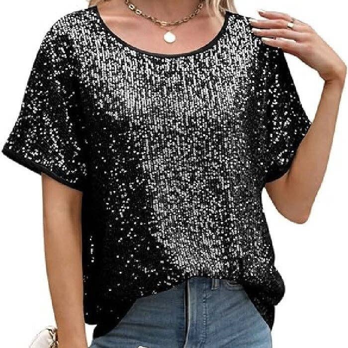 Sequin Deep V-Neck Short Sleeve Top: Black / L