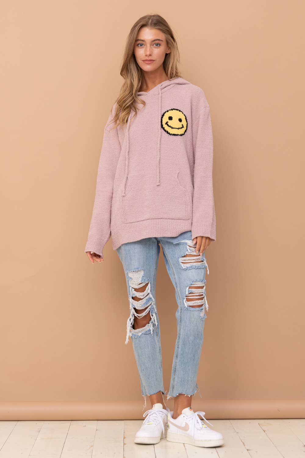 17376W - Fuzzy Cozy Hooded Smiley Sweater: DUSTY BLUE / S/M