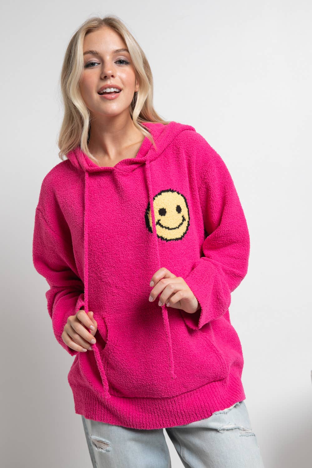 17376W - Fuzzy Cozy Hooded Smiley Sweater: DUSTY BLUE / S/M