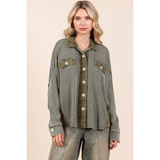 MINERAL WASH PLAID CONTRAST WAFFLE KNIT SHACKET: OLIVE / S/M-M/L(3-3)