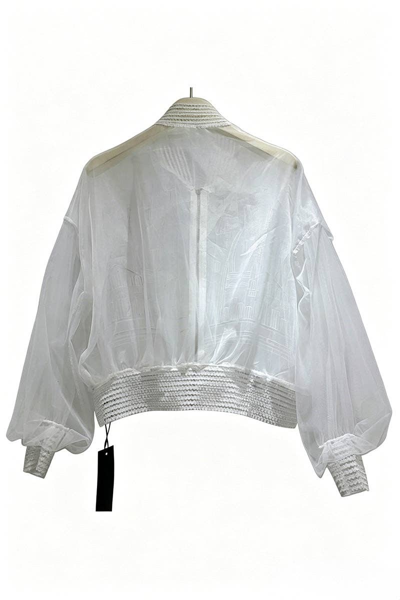 Sheer Castle Detail Bomber Jacket: WHITE / One Size