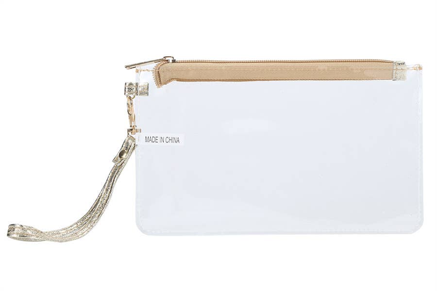 Ladies Clear See Thru Wristlet Cosmetic Bag: Gold