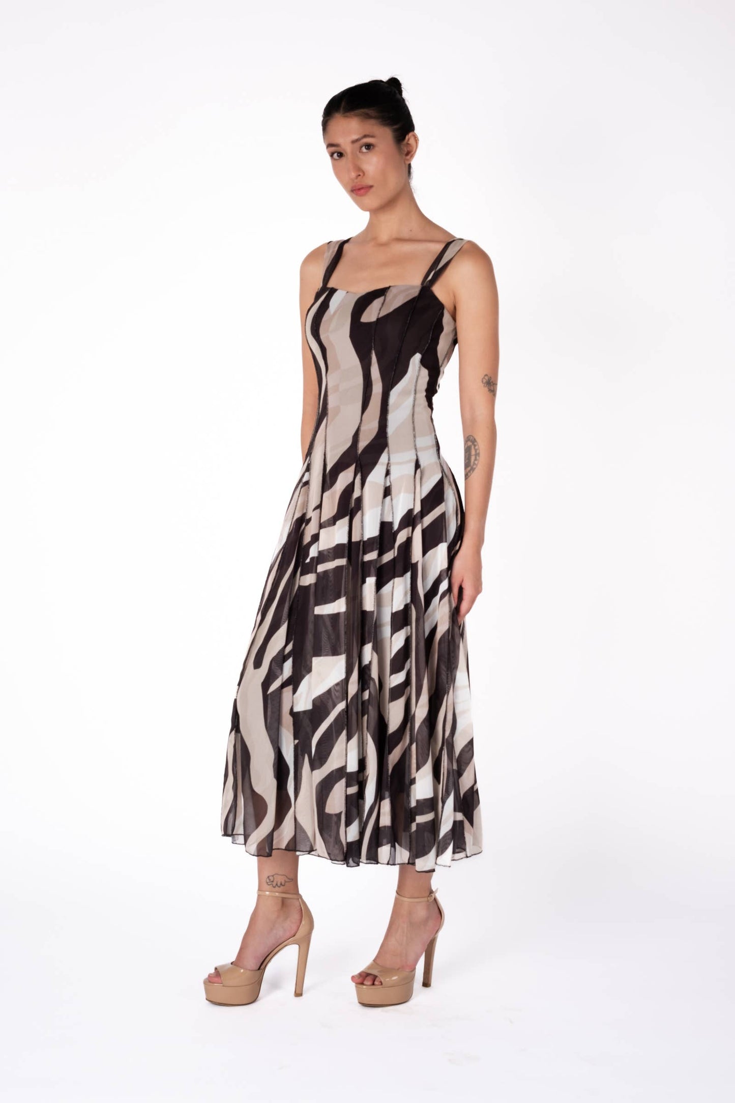 LISA Sleeveless Tea Length Fit N Flare Paneled Dress - Elana Kattan