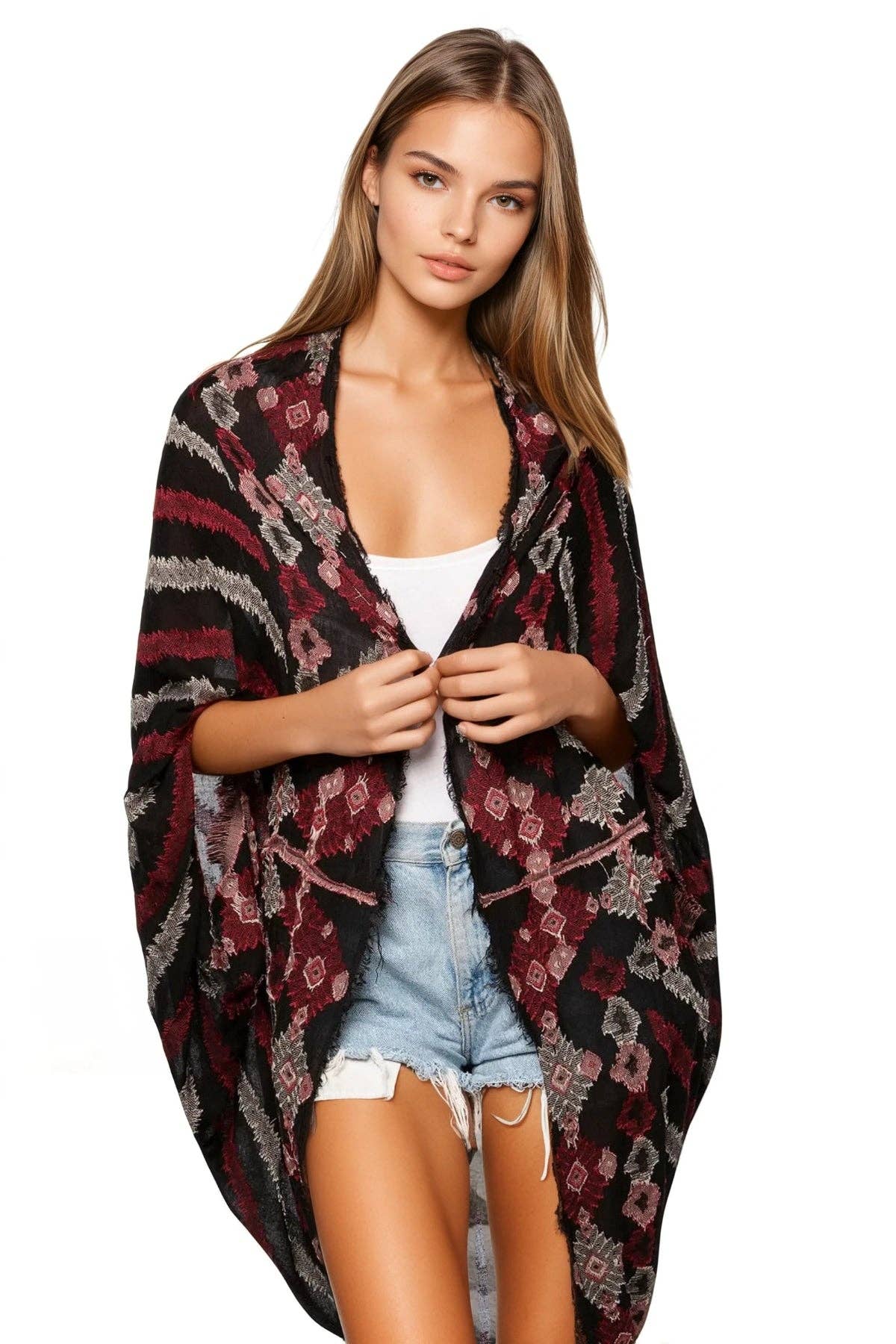 Oversized Kimono Shrug Coverup in Menagerie Stripe Jacquard Fabric: Navy / One Size