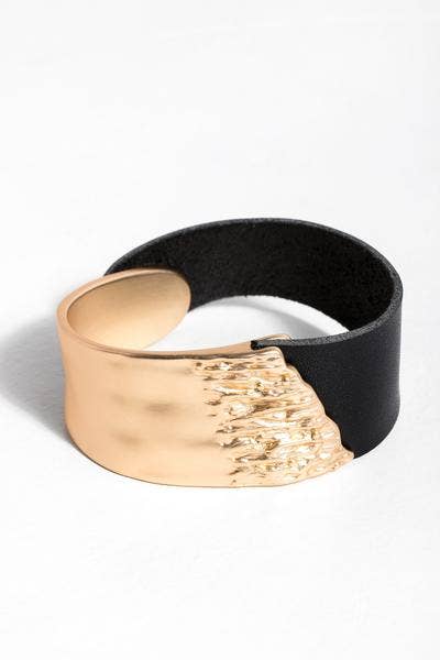 Leather Metal Statement Bracelet: Black gold