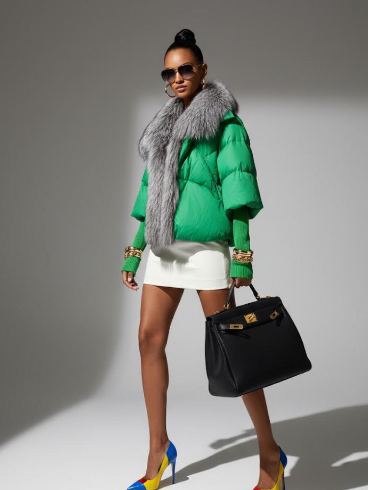 Lux Fur-Trimmed Puffer • THE PLAZA New Collection BYMANYC ® New York: Emerald Green + Silver Fox Fur Collar / M