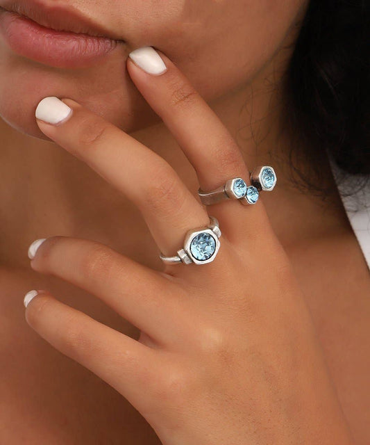 Turquoise Crystal Stone Free Size Ring Set: Silver / Brass