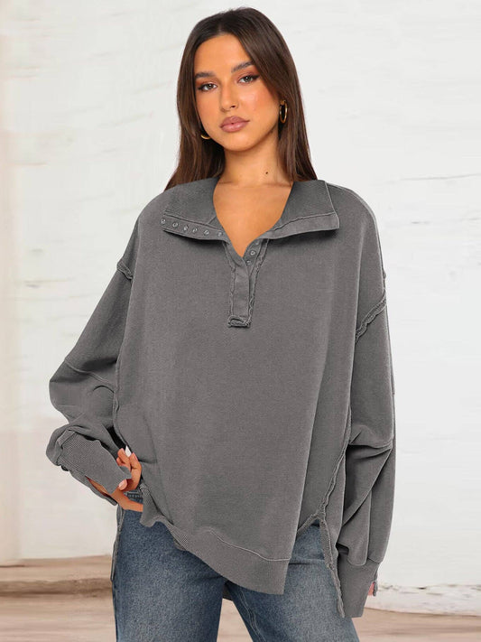 Trendy Casual Polo Neck Sweatshirt with Lantern Sleeves: E24W0340-043 / S
