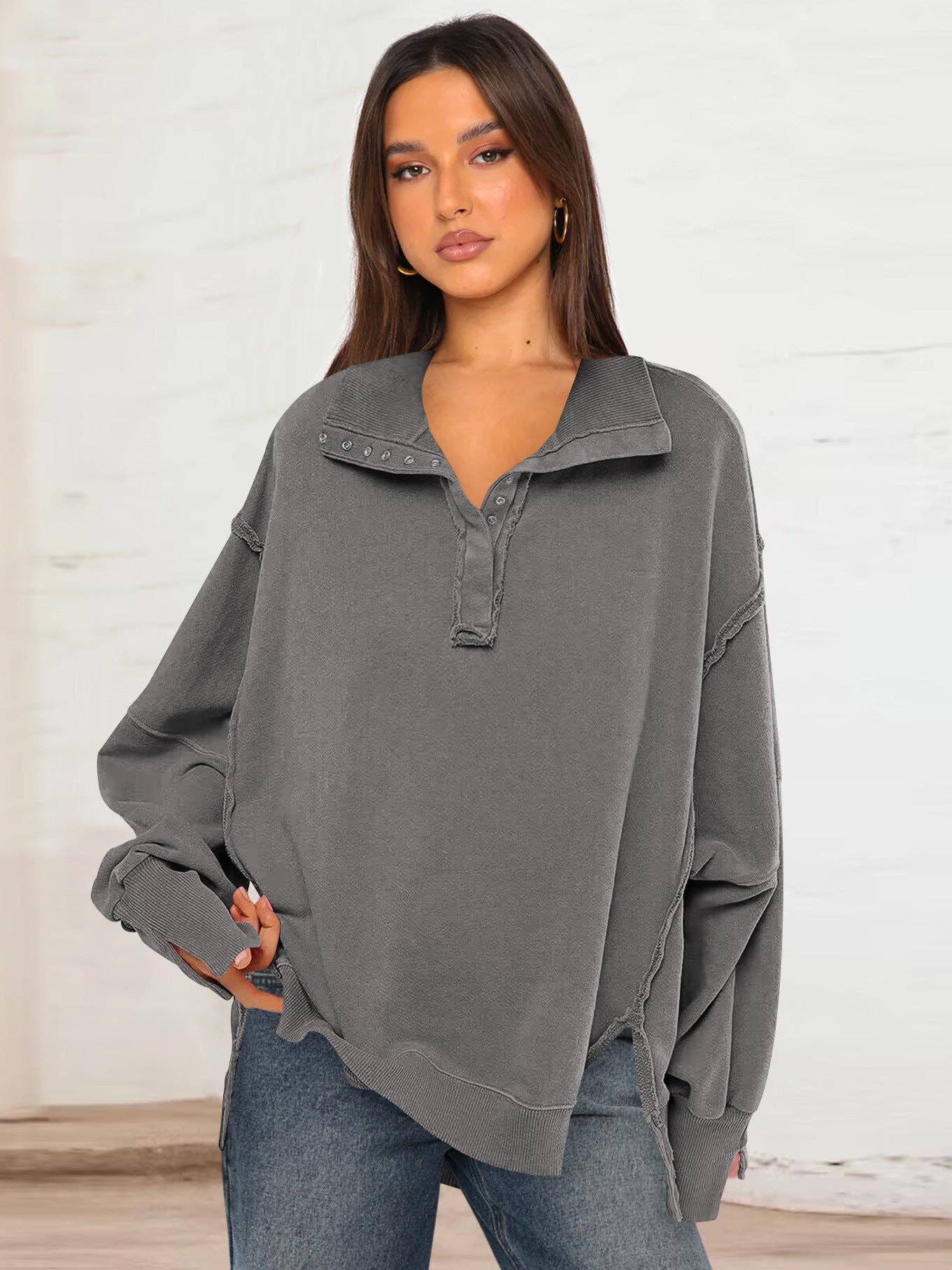 Trendy Casual Polo Neck Sweatshirt with Lantern Sleeves: E24W0340-006 / S