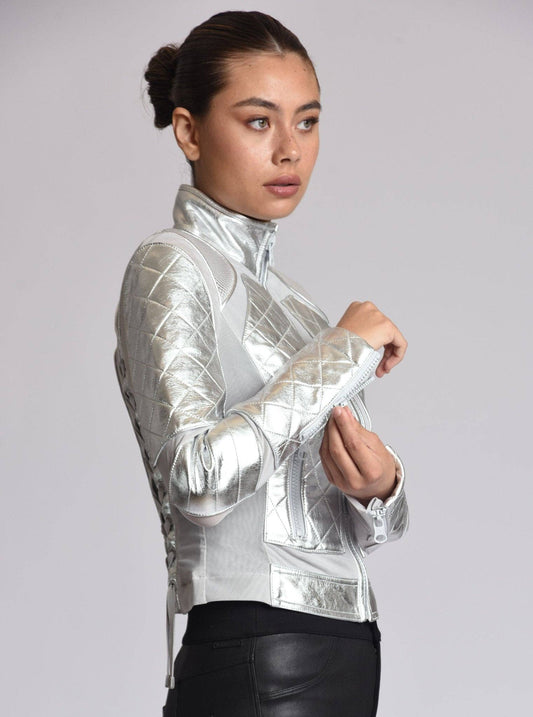 Metallic Moto Mesh Jacket Silver Star JLS - Blanc Noir